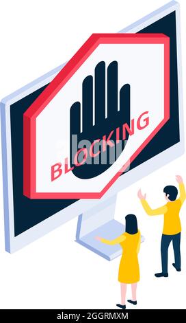 Internet blocking isometric icon with computer and two characters 3d vector illustration Stock Vector
