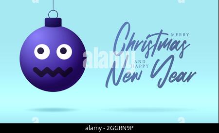 Merry Christmas card with Dizzy confused smile emoji face. Vector illustration in flat style with Xmas lettering and emotion in christmas ball hang on Stock Vector