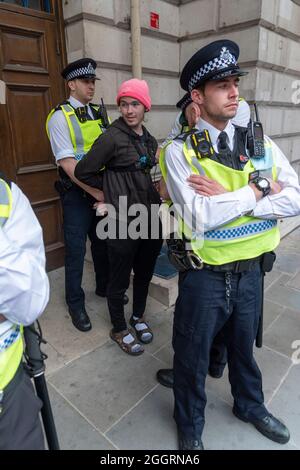 London, UK. 02nd Sep, 2021. A protester is detained by the Police during the demonstration.Extinction Rebellion Impossible Rebellion on day 11 of their two weeks of protests to demand accountability from the Government and its financiers on the use of fossil fuels and the climate crisis. (Photo by Dave Rushen/SOPA Images/Sipa USA) Credit: Sipa USA/Alamy Live News Stock Photo