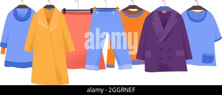 Flat clothes store icon with colorful coat jacket skirt trousers tshirt for women on hangers vector illustration Stock Vector