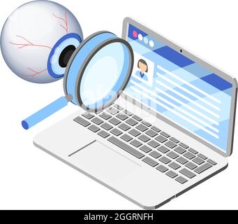 Laptop with personal data being watched isometric concept on white background vector illustration Stock Vector