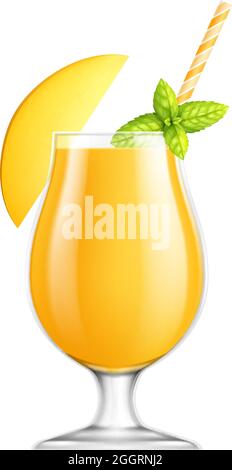 Fresh mango juice in glass with mint and cocktail straw on white background realistic vector illustration Stock Vector