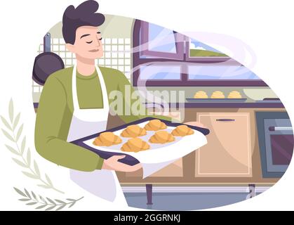 Bakery set flat composition with view of kitchen and man holding tray with croissants vector illustration Stock Vector