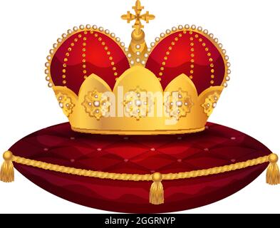 Royal golden crown composition with isolated image of crown on red velvet pillow vector illustration Stock Vector