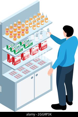 Man buying spray at drug store isometric icon on white background vector illustration Stock Vector