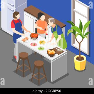 Family cooking isometric background with cooking at home symbols isometric vector illustration Stock Vector