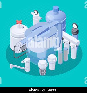 Modern water filtration system with faucet jug bottle 3d composition isometric vector illustration Stock Vector