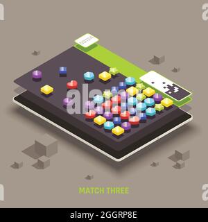 Educative mobile gaming for preschool kids 3d colorful shapes matching games isometric tablet screen image vector illustration Stock Vector