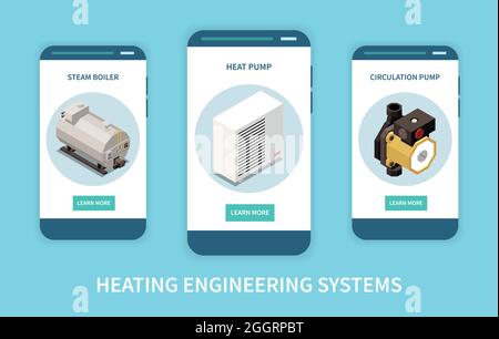 Heating engineering system isometric vertical banners set with 3d steam boiler heat and circulation pump isolated vector illustration Stock Vector