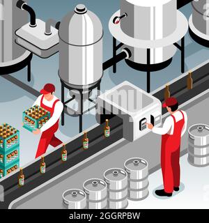 Brewery beer production isometric composition with indoor view of metal ...
