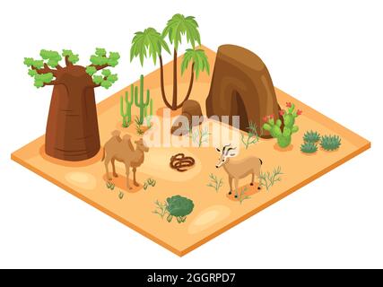 Desert landscape with cacti palms rocks camel snake and gazelle isometric vector illustration Stock Vector