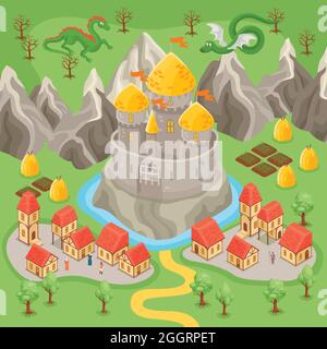 Fantasy medieval city landscape and dragons flying above castle and rocks isometric vector illustration Stock Vector