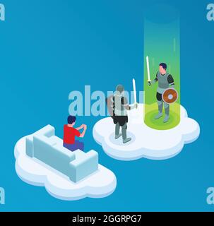 Cloud gaming isometric concept with adventure and battle symbols vector illustration Stock Vector