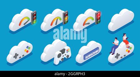 Cloud gaming isometric set with subscribe symbols isolated vector illustration Stock Vector