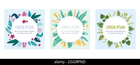 Frame plants flat composition with circle places for editable text surrounded by leaves and flowers icons vector illustration Stock Vector