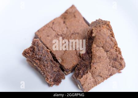 Chocolate brownies in whie plate on white background , food, desert Stock Photo