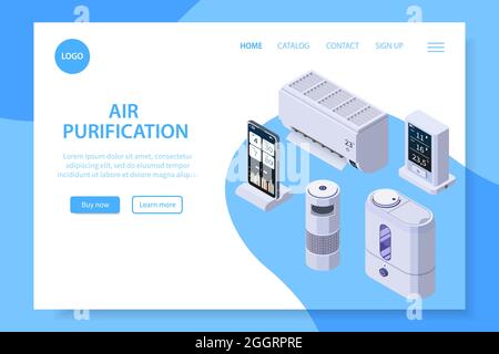 Air purification quality control isometric web site landing page with clickable links buttons and editable text vector illustration Stock Vector