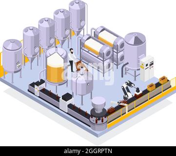 Brewery beer production isometric composition with view of industrual facilities automated line with bottles and worker vector illustration Stock Vector
