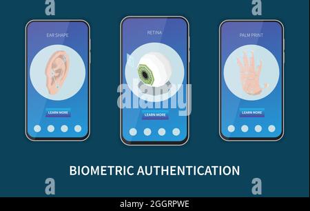 Biometric authentication isometric set of three vertical banners in smartphone frames with personal identification methods images vector illustration Stock Vector