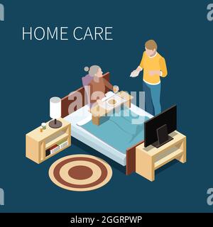 Elderly people professional social help service isometric composition with bedroom furniture tv set and human characters vector illustration Stock Vector