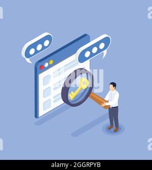 App store optimization and keyword searching isometric concept with character holding magnifying glass vector illustration Stock Vector