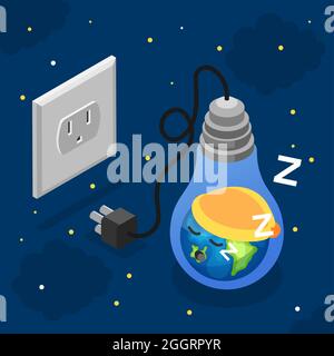 Earth hour concept with earth sleeping in light bulb plugged out of socket on background with night sky isometric vector illustration Stock Vector