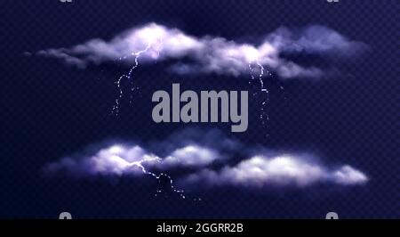 Stormy clouds realistic set with isolated images of thunderstorm clouds with lightning bolts on transparent background vector illustration Stock Vector