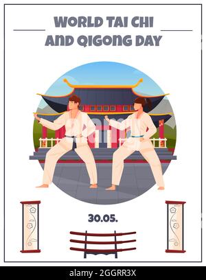 World tai chi and qigong day flat card with two oriental athletes in kimono at chinese pagoda background vector illustration Stock Vector