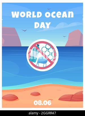 World ocean day card with clean water and beach date and no pollution warning sign flat vector illustration Stock Vector