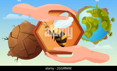 Bee protection flat poster with human hands holding honeycomb at blooming and dead planet background vector illustration Stock Vector