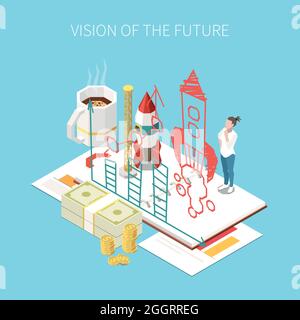 Entrepreneur and business isometric concept with future vision symbols vector illustration Stock Vector