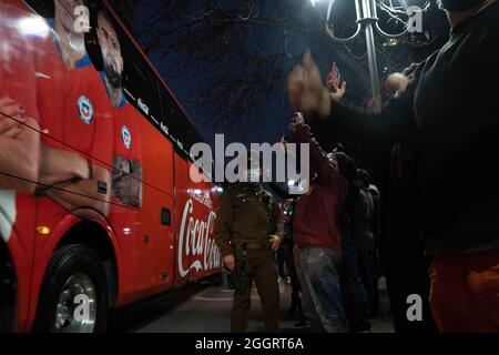 Santiago, Metropolitana, Chile. 2nd Sep, 2021. Hundreds of fans came to the concentration hotel of the Chilean team to cheer them on before the game against Brazil, for the Qualifiers for the Qatar 2022 World Cup. (Credit Image: © Matias Basualdo/ZUMA Press Wire) Credit: ZUMA Press, Inc./Alamy Live News Stock Photo