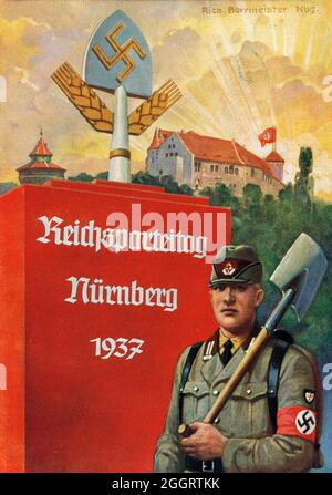 A vintage poster for the annual Nazi Nuremberg Rally showing a uniformed member of the Reichsarbeitsdienst (RAD, German Labour Service) Stock Photo