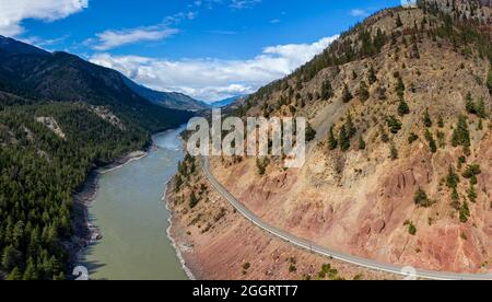 Aerial panorama photo of the Fraser River flowing in the rugged Fraser Canyon in British Columbia, Canada Stock Photo