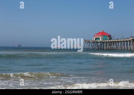 Large container ship at anchor off the coast at Huntington Beach, California; USA Stock Photo