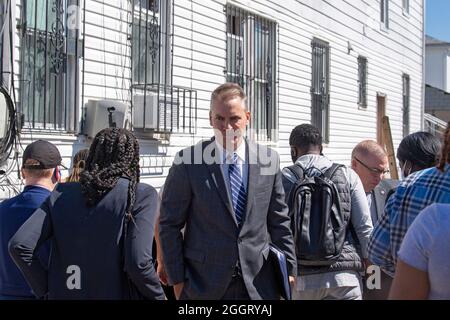 New York City Police Commissioner Dermot Shea speaks at a press conference in Queens addressing the impact of Hurricane Ida's remnants in New York City. Governor Kathy Hochul, Senator. Charles Schumer, and Mayor Bill de Blasio joined other officials standing near a home where Phamatee Ramskriet and Khrishah Ramskriet were killed when their basement apartment was flooded in the Jamaica neighborhood of the Queens discuss future preparations, and the toll of the storm. The remnants of Hurricane Ida dumped historic rain over New York City as freeways and boulevards turned into rivers, submerging Stock Photo