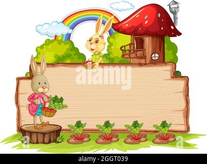 Empty wooden board with two rabbits in the garden isolated illustration ...