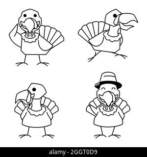Turkey Bird Rooster Autumn Fall Thanksgiving Character Cartoon Line Art Stock Vector