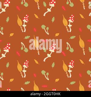 Autumn mushrooms with colorful leaves. Seamless illustration with amanita and toadstools. Fabric, background or wallpaper. Stock Vector