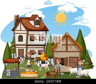 Medieval village with villagers on white background illustration Stock Vector