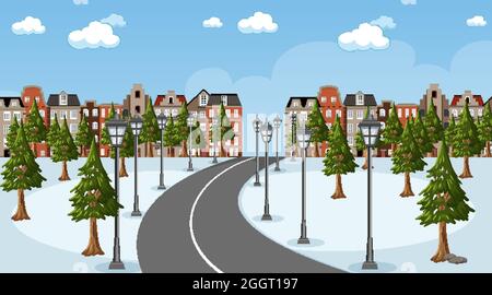 Winter season scene with long road through the park into the town illustration Stock Vector