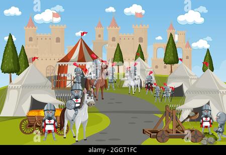 Military medieval camp with tents and castle illustration Stock Vector ...