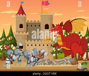 Knight riding cute dragon with sword in color and silhouette Stock ...