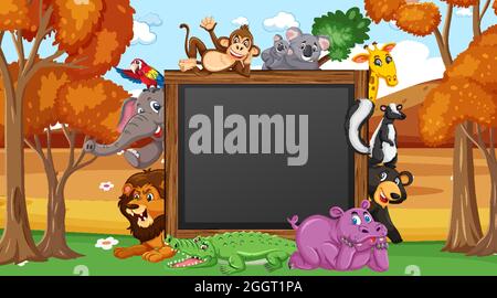 Empty blackboard with various wild animals in the forest illustration ...