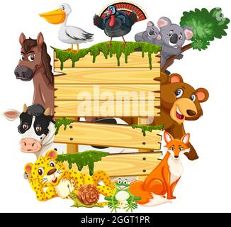 Empty wooden board with various wild animals in the forest illustration ...