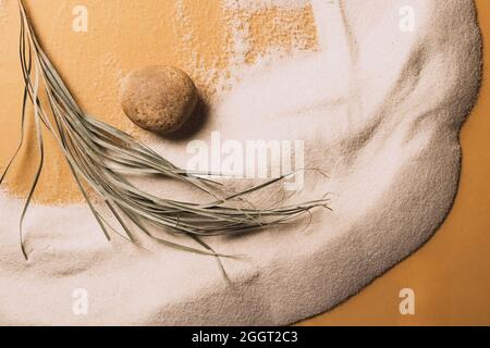 Beach sand wave pattern stone podium for product presentation. Abstract sand texture. Harmony health beauty concept.  Stock Photo