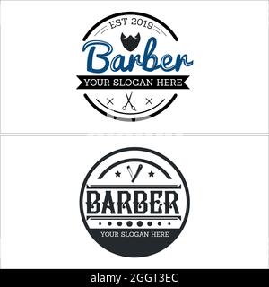 Barber shop hairstyle scissor straight razor logo design Stock Vector