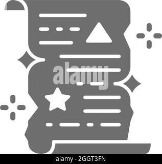 Magic spell scroll, unrolled paper certificate grey icon. Stock Vector