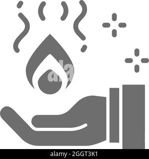 Trick with fire in hand, magic grey icon. Stock Vector