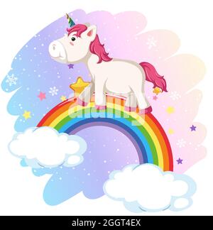 Cute unicorn in the pastel sky with rainbow illustration Stock Vector